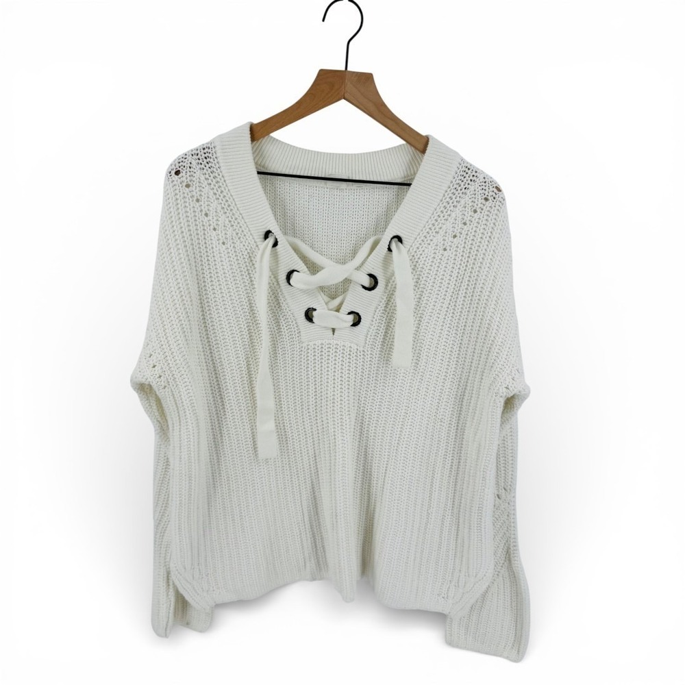 GAP White Cotton‎ Knit Lace-Up V-Neck Pullover Sweater Nautical Coastal Size XL